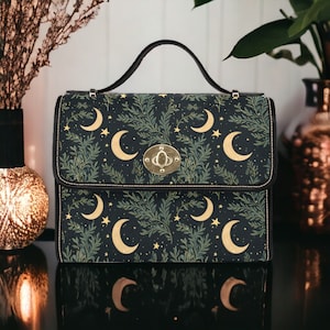 Boho Celestial Forest Fern Moons Witchy Canvas Handbag, Boho Crossbody Celestial Botanical purse, Dark Cottagecore Hippie Witch Moon Handbag