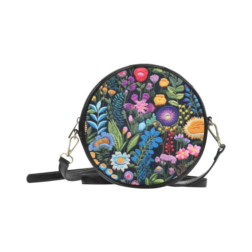 Faux-embroidered Dark Flowers Round Cross-body Vegan Leather