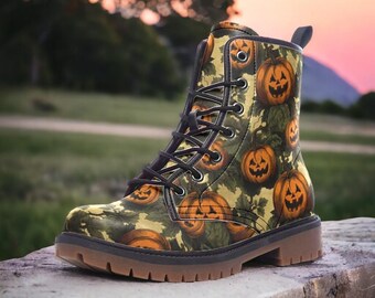 Jack O'lantern Vegan Combat Boots, Spooky Halloween Pumpkins Boots