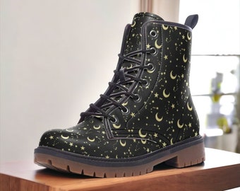 Moons & Stars Vegan Combat Boots, Celestial Boots, Mystical Combat Boots, Witchcore Boots, Witchy Clubwear, Celestial Festival Wear Boots