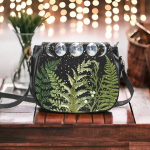 Boho Dark Forest Fern Moons Witchy Vegan Leather Saddle Bag, Crossbody Celestial Forest purse, Dark Cottagecore Ferns Hippie Witch Handbag