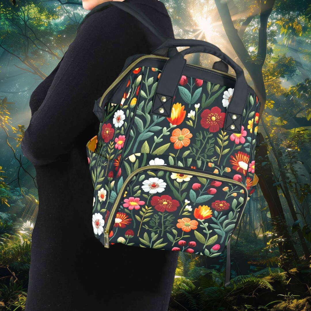 Faux Embroidery Cheerful Folk Flowers Backpack, Floral  display picture 3