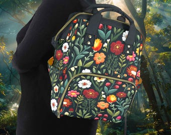Faux Embroidery Cheerful Folk Flowers Backpack, Floral Laptop Backpack, Cute Cottagecore Book Bag, Whimsical Gifts, Dark Floral School Bag