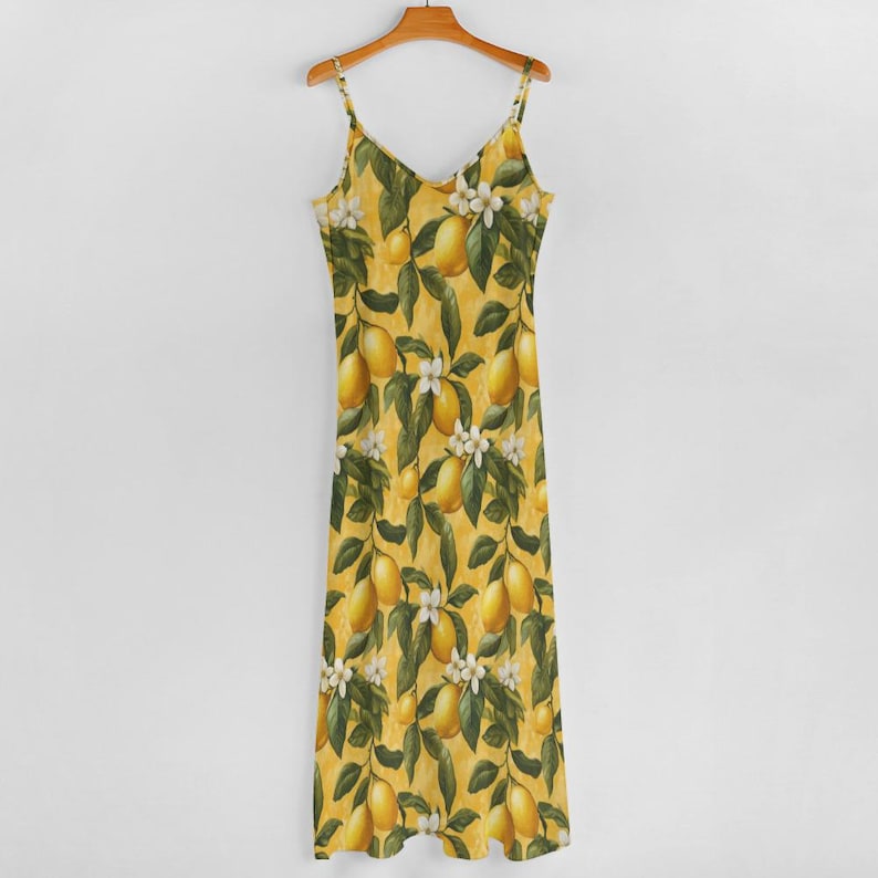 Boho Lemon Blossoms Cottagecore Ankle Sling Dress, Lemons Maxi Dress, Boho Vintage Floral Dress, Summer Yellow Maxi Dress, Boho Summer Dress image 7