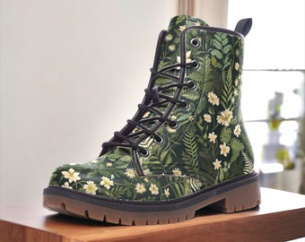 Dark Forest Ferns & Flowers Vegan Boots, Cottagecore Combat Boots, Dark Green Botanical Witchy Boots, Faux Leather Boots, Forestcore Boots