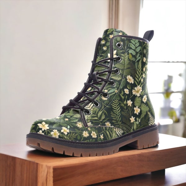 Dark Forest Ferns & Flowers Vegan Boots, Cottagecore Combat Boots, Dark Green Botanical Witchy Boots, Faux Leather Boots, Forestcore Boots