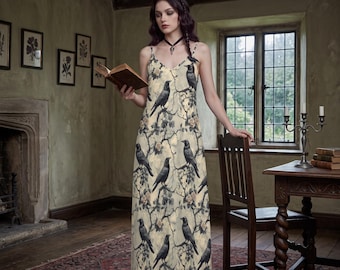 Gothic Raven Maxi Dress – Dark Academia Crow Print Long Dress, Witchy Boho V-Neck Summer Whimsigoth Vintage Raven Floral Pattern Ankle Dress