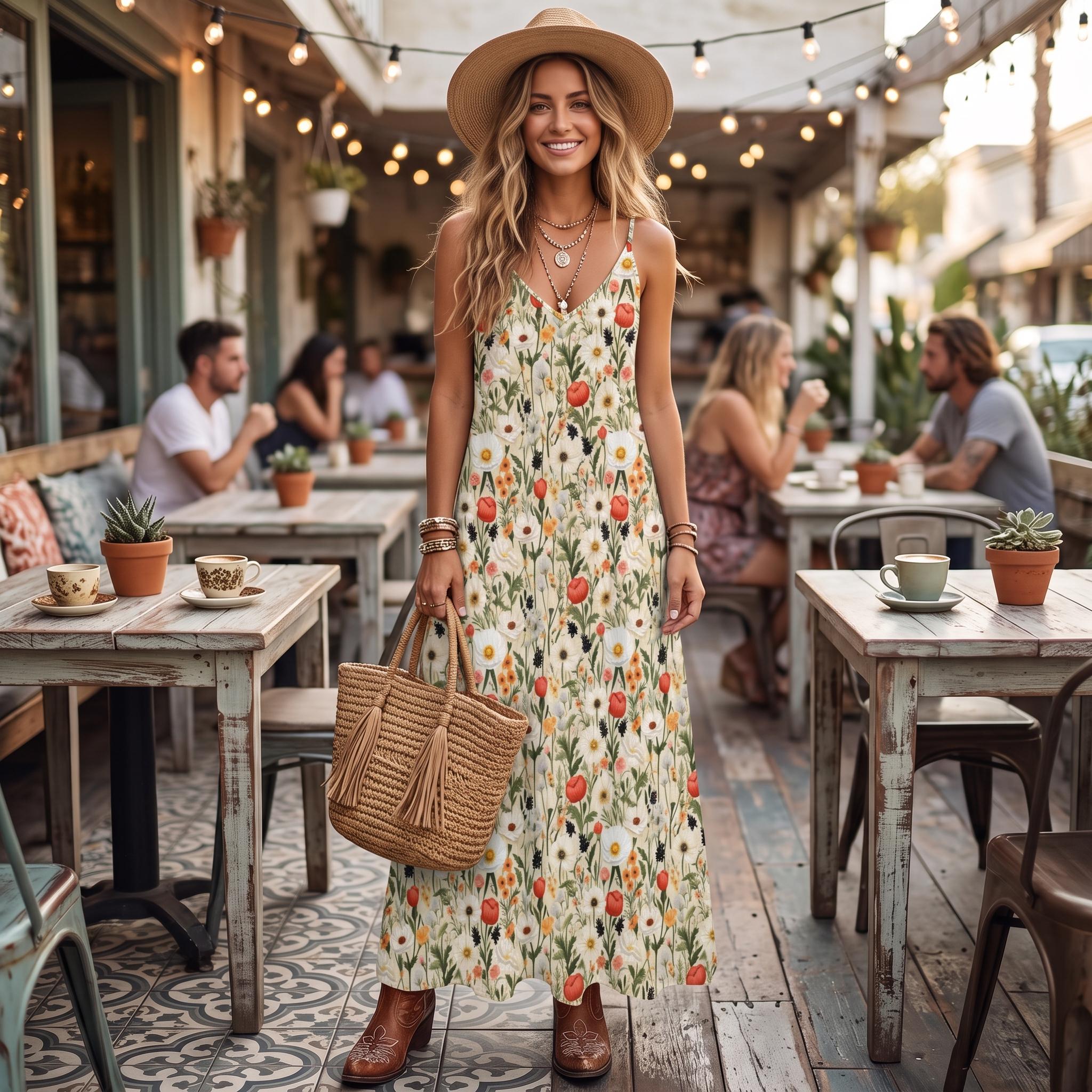 Boho Vintage Floral Cottagecore Long Sling Dress, Floral Maxi