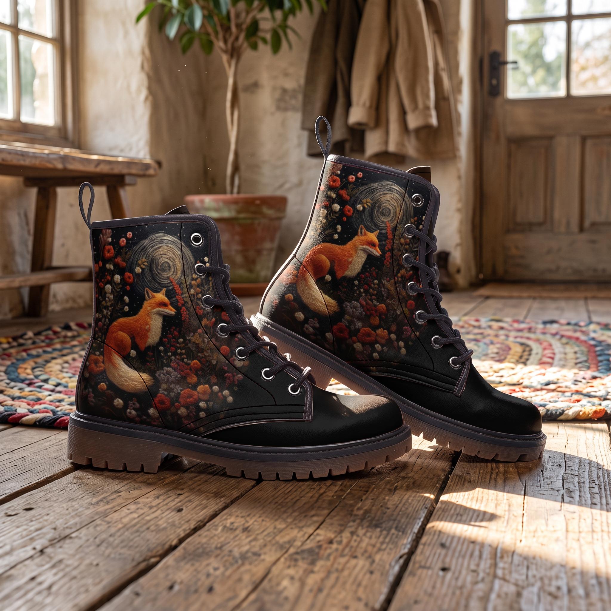 Faux-embroidery Fox & Moon Vegan Boots, Dark Forestcore Fox Boots