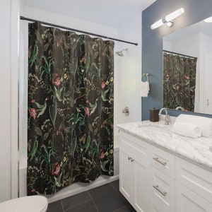Dark Moody Floral Shower Curtain & Bath Mat, Dark Nature Floral Bathroom Decor, Dark Cottagecore Bathroom, Witchy Cottage Bathroom Decor image 3