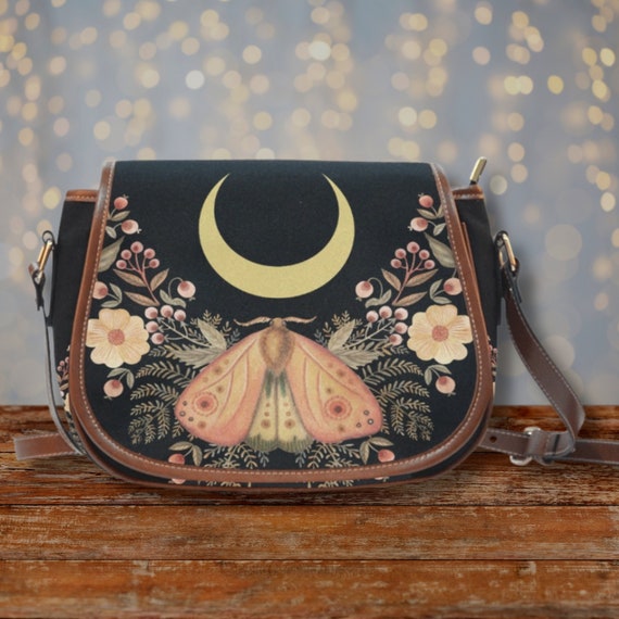 Mystical Moth Moon Saddle Bag Purse, Dark Cottagecore Cross