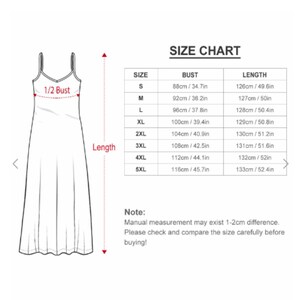 May include: Size chart for a sleeveless maxi dress with measurements in inches and centimeters. The chart shows bust and length measurements for sizes S through 5XL.