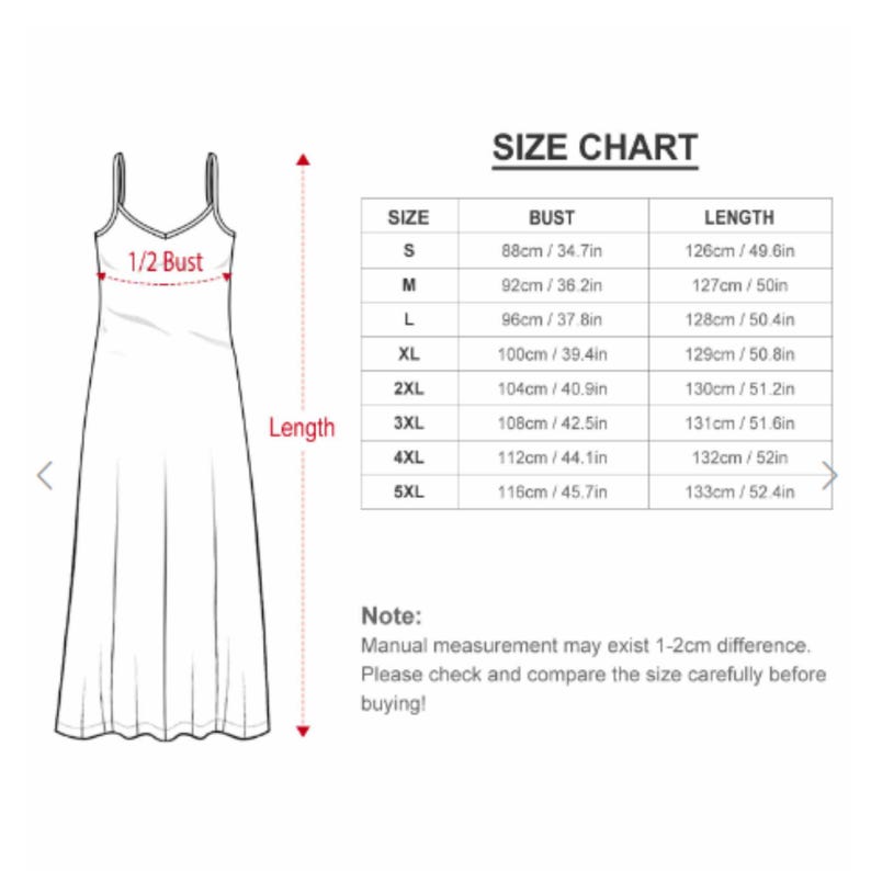 May include: Size chart for a sleeveless maxi dress with measurements in inches and centimeters. The chart shows bust and length measurements for sizes S through 5XL.