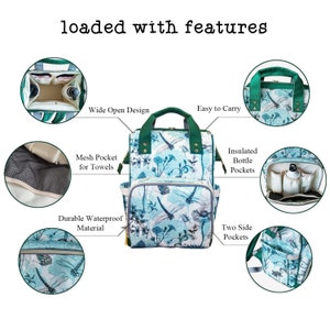 May include: A teal and white backpack with a dragonfly and floral pattern. Features include a wide open design, mesh pocket for towels, insulated bottle pockets, and two side pockets. The text "loaded with features" is at the top.