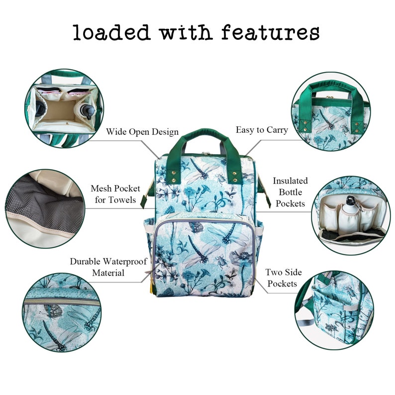 May include: A teal and white backpack with a dragonfly and floral pattern. Features include a wide open design, mesh pocket for towels, insulated bottle pockets, and two side pockets. The text "loaded with features" is at the top.