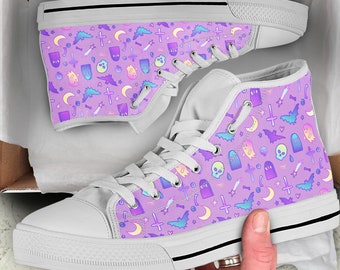 Pastel Witch Sneakers, Pastel Witch High Tops, Kawaii Witchcore Shoes, Halloween Alternative girls shoes, cute spooky shoes, bats shoes