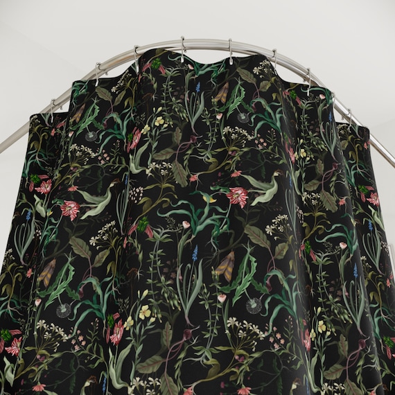 Dark Moody Floral Shower Curtain & Bath Mat, Dark Nature Floral Bathroom Decor, Dark Cottagecore Bathroom, Witchy Cottage Bathroom Decor