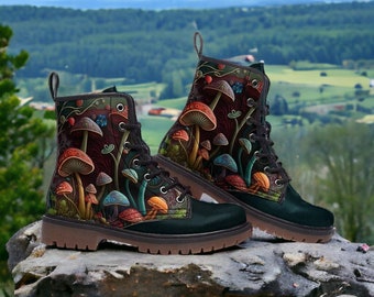Fairy Mushrooms Vegan Leather Combat Boots, Witchy Combat Boots, Mushroom Dark Teal Boots, Boho Mushroomcore Festival Wear Faux Leather Boot