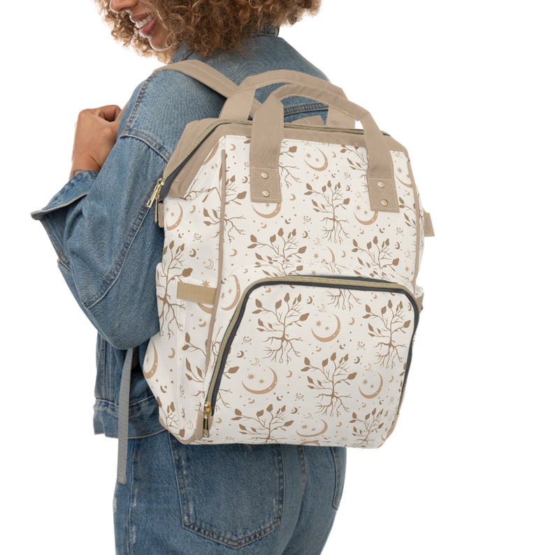 Boho Celestial Tree of Life Backpack Diaper Bag, Boho Witchy Nappy Bag, Mystical Mama Diaper Backpack, Witchy Mama Gifts, Boho Neutrals Baby image 2