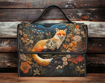 Faux-Embroidered Fox and Floral Handbag, Boho Cottagecore Witchy Fox Satchel, Boho Naturecore Fox Floral HandBag, Dark Forestcore Fox Purse