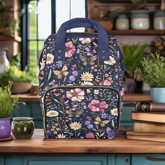 Floral Butterfly Print Backpack - Navy, Yellow & Pink Dark Faux Embroidery Butterflies Diaper Bag, Boho Diaper  main image 2