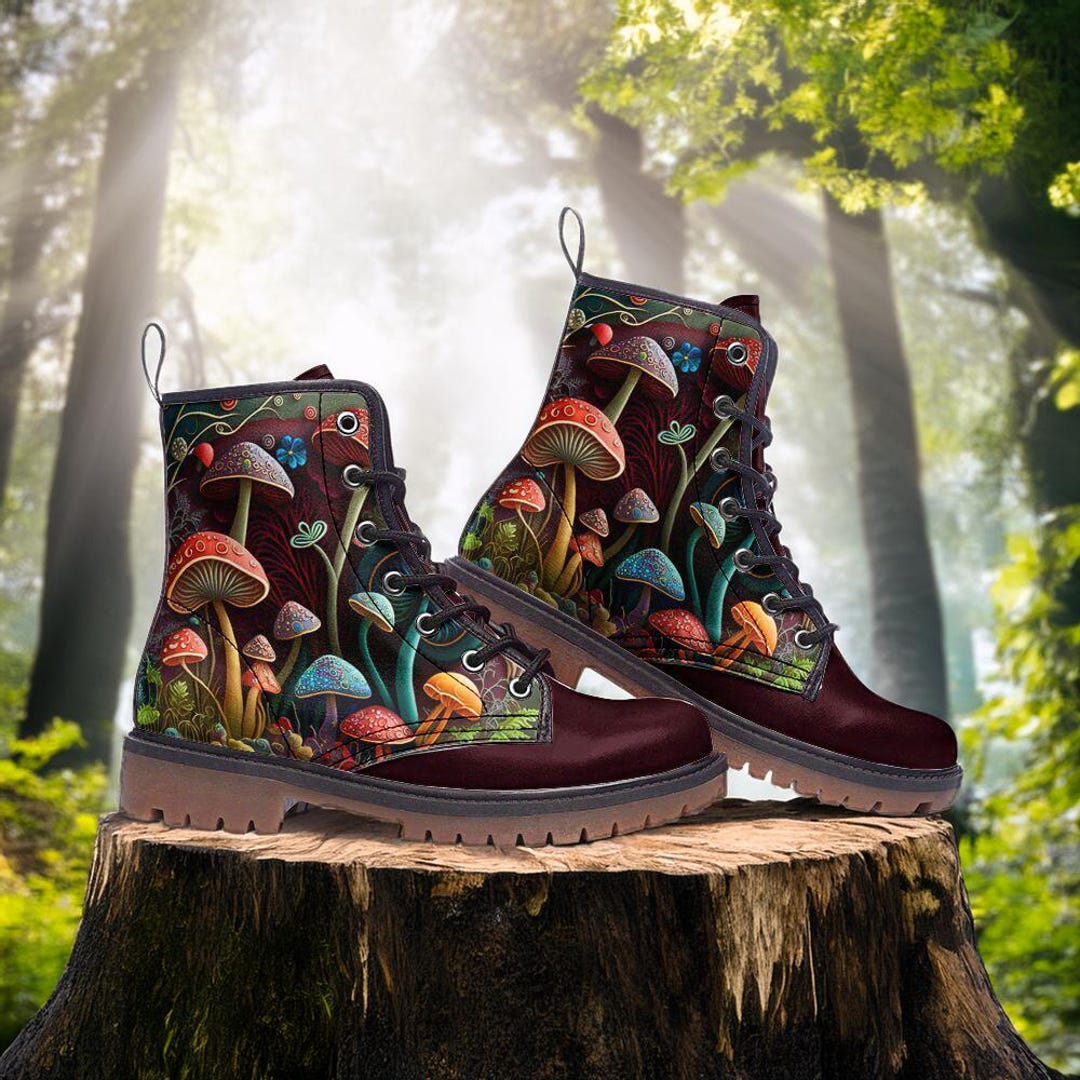 【COLOR iN ID】midi shirring leather boots Fairy Mushrooms Vegan Leather Combat Boots, Witchy Combat
