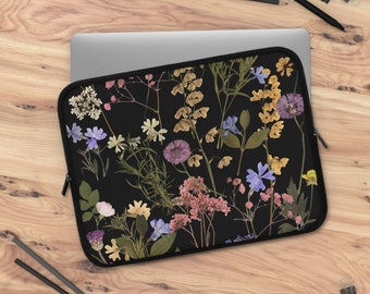 Donkere cottagecore Pressed Flowers-laptophoes, Dark Academia-laptoptas iPad tablethoes reistas, gewatteerde laptoptas 7", 13", 15", 17"