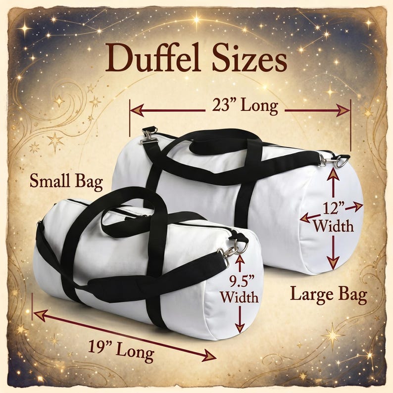 May include: Two white duffel bags with black straps and silver hardware. The larger bag is 23 inches long and 12 inches wide. The smaller bag is 19 inches long and 9.5 inches wide. Text reads "Duffel Sizes", "Small Bag", and "Large Bag".