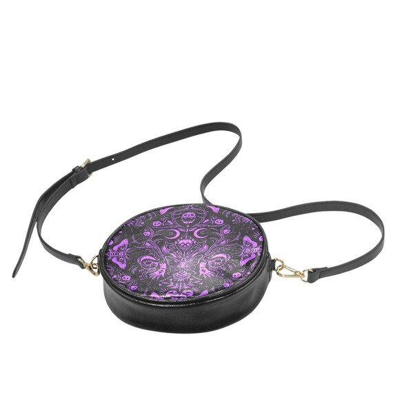 Gothic Purple Skulls Moths Purse, Vegan Leather Witchy Purse  display picture 3