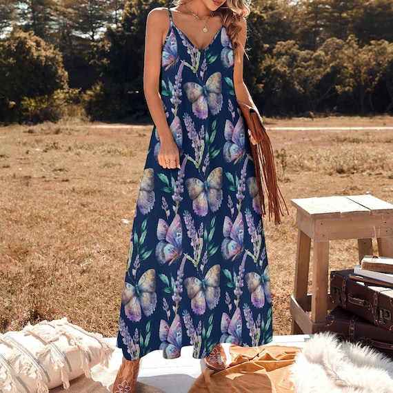 butterfly boho maxi dress Boho Butterfly Print Maxi Dress: Summer Sundress, Polyester Spandex