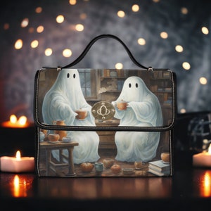 Spooky Cute Library Sheet Ghosties Canvas Satchel, Haunted Library Ghosts purse, Spooky Cute Handbag, Creepy Cute Halloween Spooky Purse