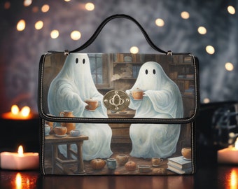 Spooky Cute Library Sheet Ghosties Canvas Satchel, Haunted Library Ghosts purse, Spooky Cute Handbag, Creepy Cute Halloween Spooky Purse