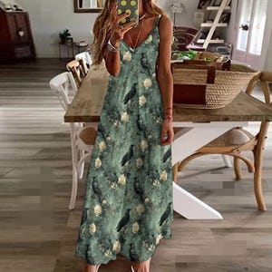Gothic Raven Maxi Dress, Dark Cottagecore V-Neck Spaghetti Strap Dress with Cream Roses and Crows, Witchy Hippie Aesthetic Summer Dress