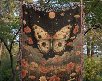 Mystisk fjärilsvävd filt - Häxig himmelsk blommig pläd - Vintageinspirerad måne- och stjärngobeläng - Gothic Cottagecore Home Decor