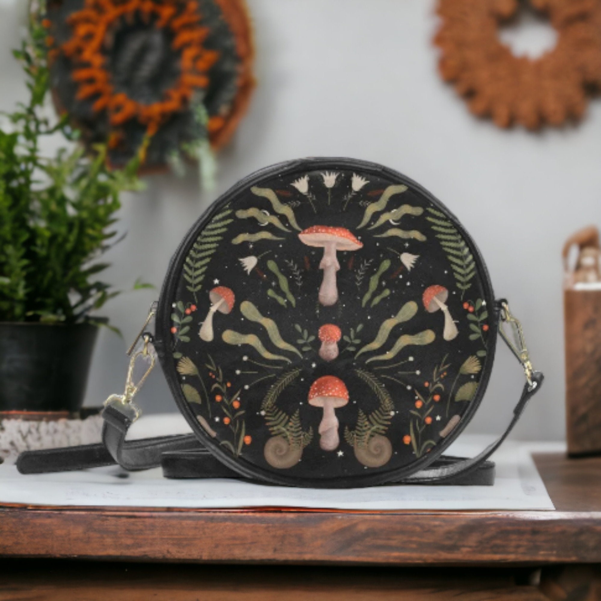 Mystical Dark Forest Round Bag, Dark Cottagecore Cross-body Witchy