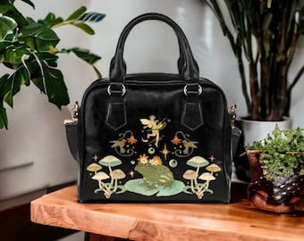 Goblincore Fairycore Celestial Shoulder Bag, Fairy Frog Cross Body purse, Forest Witch Handbag, Mystical Fae Folk Frog Toadstools Boho Purse