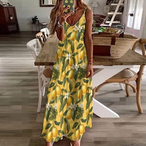 Boho Lemon Blossoms Cottagecore Ankle Sling Dress, Lemons Maxi Dress, Boho Vintage Floral Dress, Summer Yellow Maxi Dress, Boho Summer Dress image 5