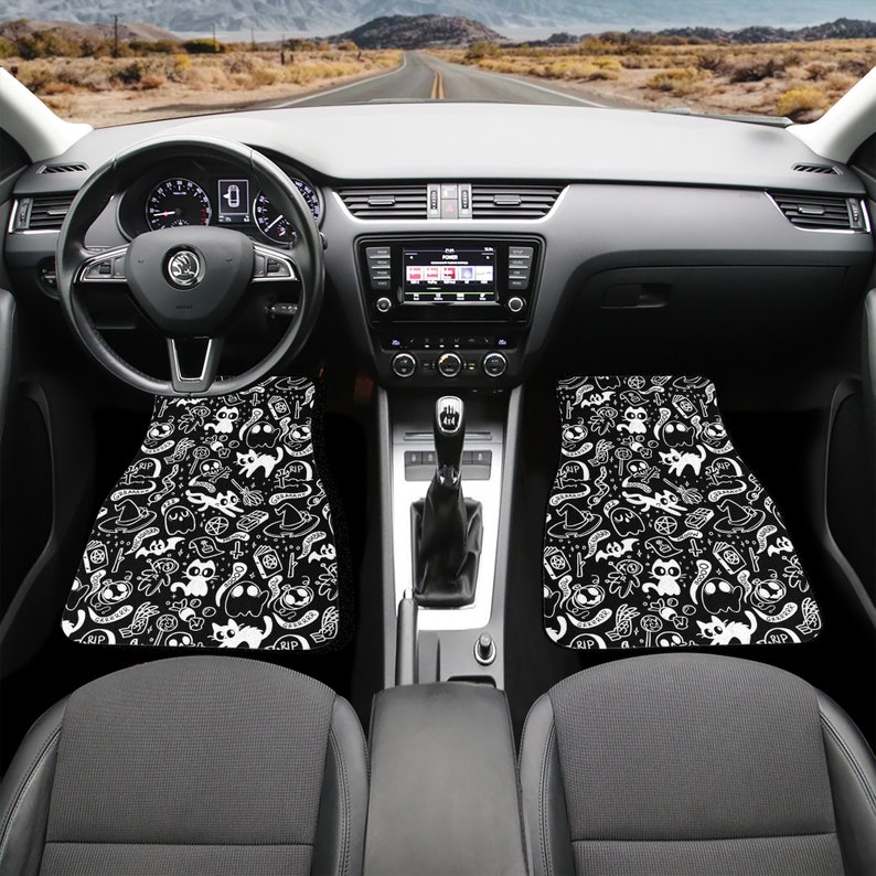 Black and white Spooky Cute Car Mats Cute Car Accessories Car Mat Creepy Cute Custom Car Mats cute Goth Girl Car Accessories Teen Girl gifts image 2