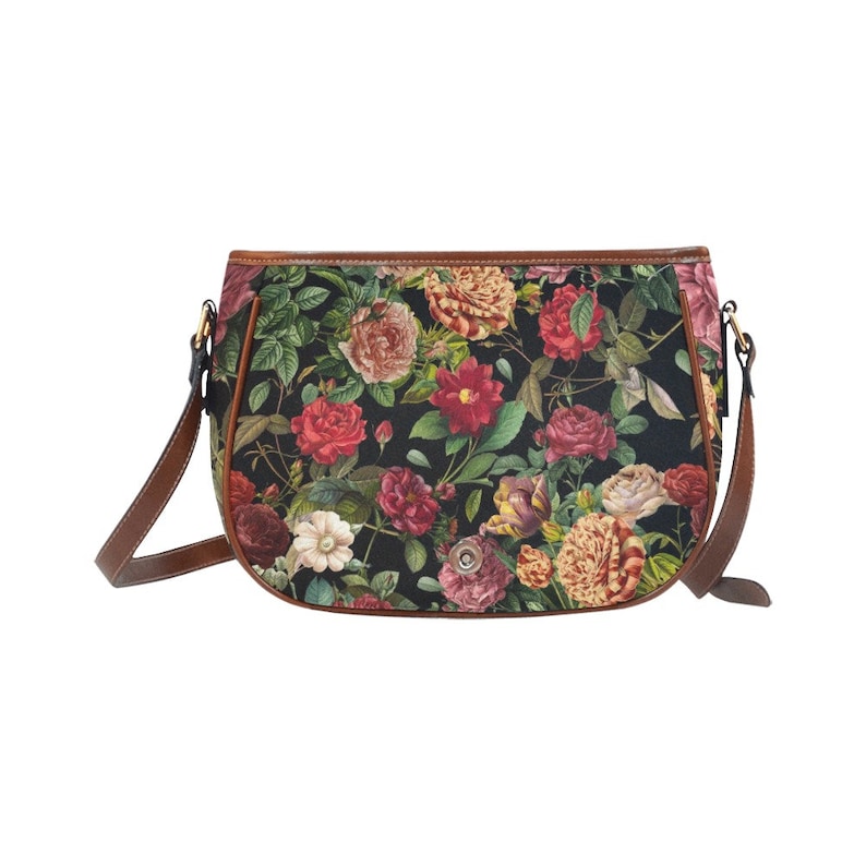Vintage Roses Dark Floral Cross-Body Zadeltas, Dark Cottagecore Boho Handtas, Whimsigoth Roses Portemonnee, Witchy Hippie Zadeltas afbeelding 5