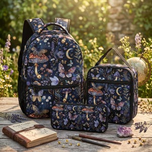 May include: A dark blue backpack, a rectangular lunch bag, and a pencil case, all featuring a pattern of mushrooms, butterflies, crescent moons, and wildflowers. A leather-bound Field Guide book and two pens are placed in front of the items.