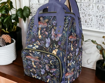 Violet Fairy Moons & Mushrooms Diaper Backpack, Witchy Mama Baby Backpack, Celestial Cottagecore Fairy Mama Baby Shower or Postpartum Gift