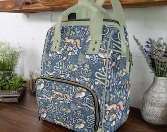Navy & Sage Fairy Forest backpack, Forestcore Diaper Backpack, Cottagecore Baby Bag, Witchy Diaper Bag, Forest Creatures Goblincore Baby Bag
