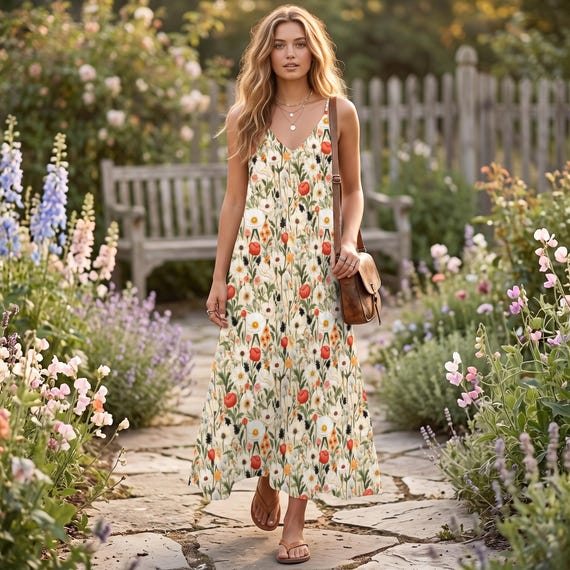 boho spring dresses Vintage Floral Cottagecore Long Sling Dress, Floral Maxi Dress, Boho Garden Flowers Dress, Boho Summer Garden Maxi Dress, Hippie Dress bohemian summer boho dresses
