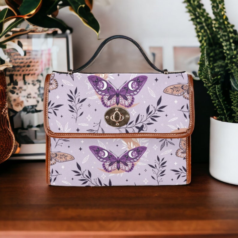 Cottagecore Violet Butterflies Satchel bag, Boho Butterflies Cross-body Purse, Mystical Butterflies Handbag, Celestial Hippies Boho Bag image 2