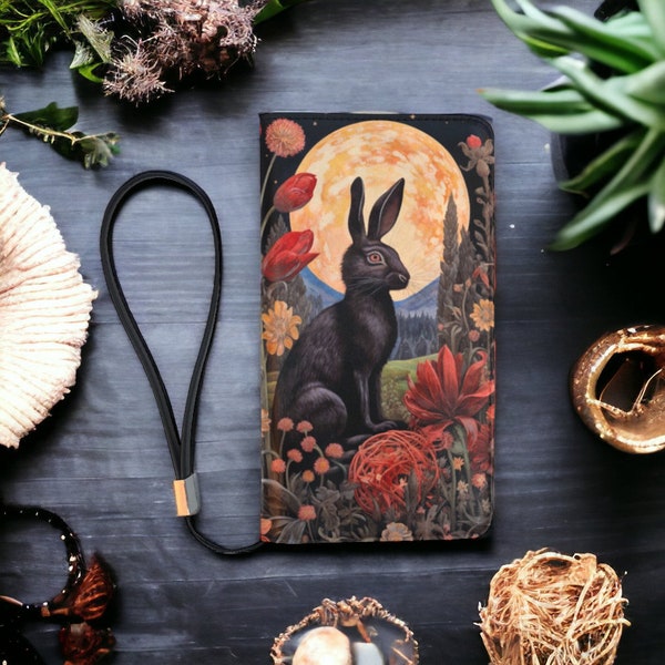 Dark Cottage Gothic Rabbit & Floral Wallet, Dark Cottagecore Rabbit Clutch Wallet, Wiccan Rabbit Dark Floral Boho Witchcore Zipper Clutch