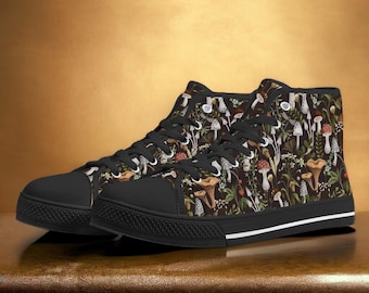 May include: Black high-top canvas shoes with a white sole and a mushroom print. The print features various types of mushrooms in shades of brown, red, and white on a dark green background.
