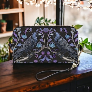 Cartera de mano de cuero vegano Gothic Raven's Roost, cartera con cremallera de cuero sintético gótico elegante Witchy Ravens, regalo para chica gótica, cartera Whimsigoth Crows