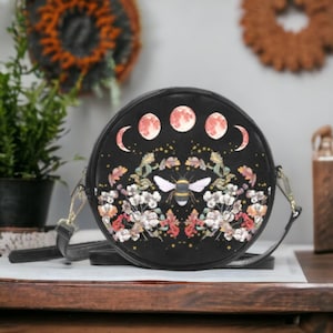 Celestial Bee & Fall Flowers ronde crossbodytas, handtas Cottagecore Boho Bee, Dark Cottage Mystical Bee-portemonnee, Nature Witch-cadeaubeurs