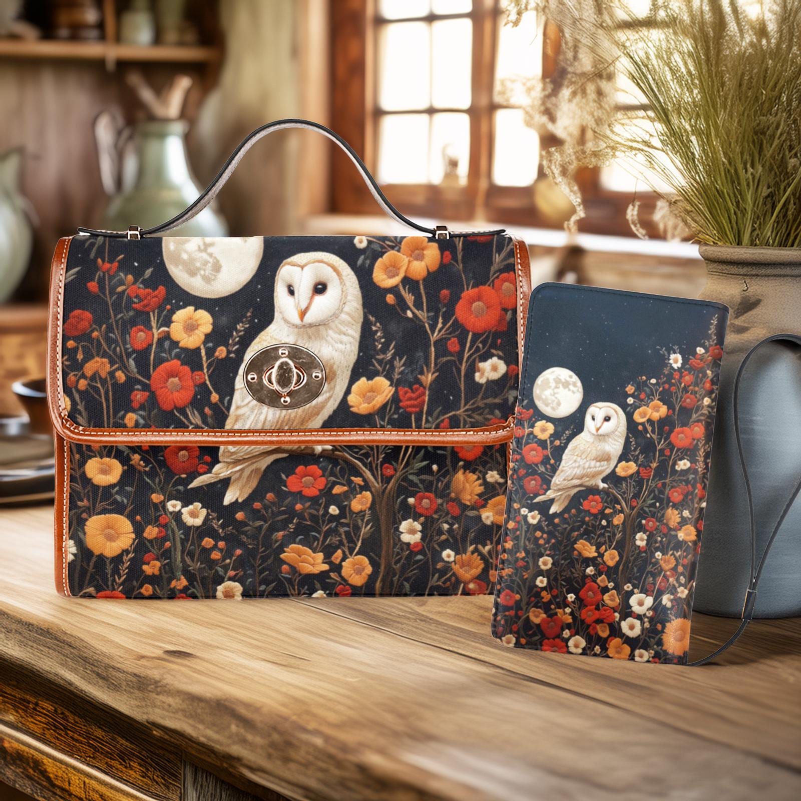 Dark Cottage Barn Owl and Dark Flowers Wallet and Bag Set, Dark Cottagecore Owl purse, Boho Owl  Zip