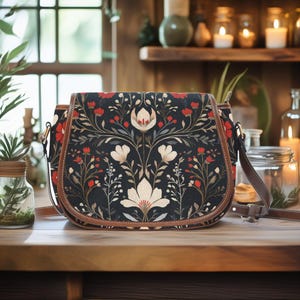 Whimsigoth Blumen Geldbörse, Witchy Boho Crossbody Handtasche, Dunkle Cottagecore Geldbörse, Vintage Folk Blumenästhetische Geldbörse, Witchy Hippie Mädchen Tasche